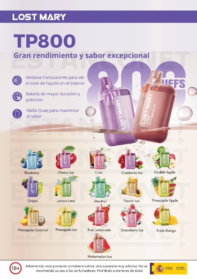 Lost Mary – Diferentes sabores de vapers desechables en un expositor