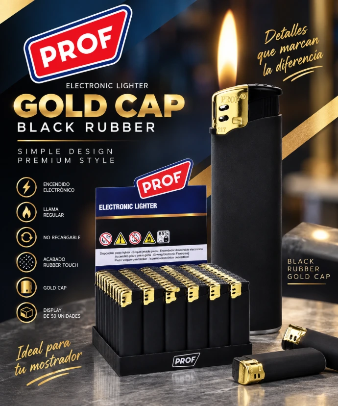 Mechero PROF Gold Cap Electrónico | 50 Unidades