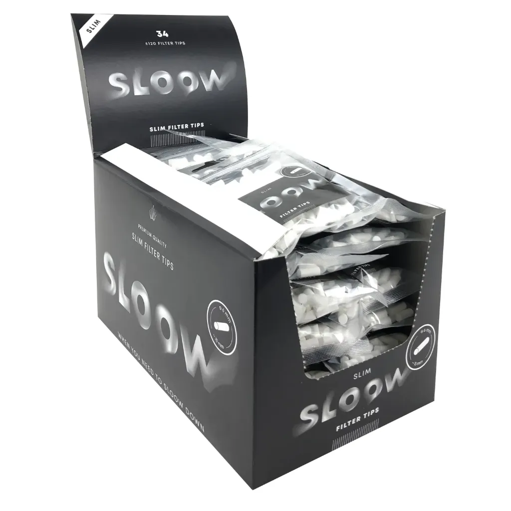 [40682023] SLOOW BLACK FILTER TIPS SLIM 6×15 MM – 120 FILTROS – EXPOSITOR 34 BOLSAS