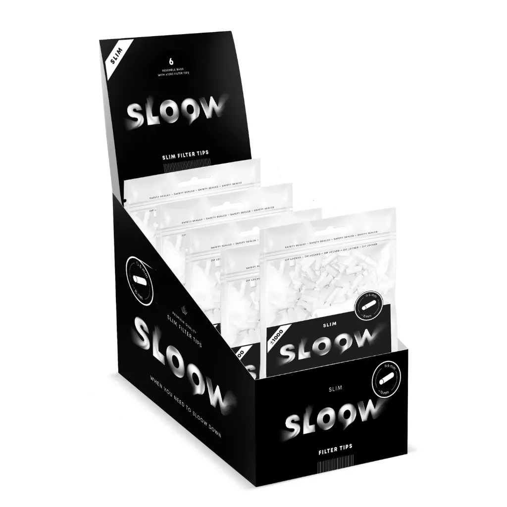 [40682024] SLOOW BLACK FILTER TIPS SLIM 6×15 MM – 1.000 FILTROS – EXPOSITOR 6 BOLSAS