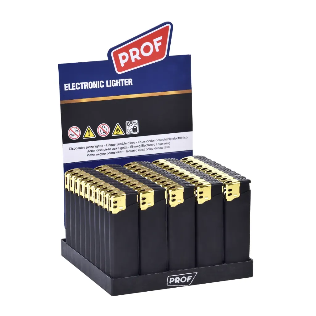 Mechero PROF Electrónico Black Rubber Gold Cap | 50 Unidades